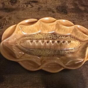 Vintage Large MCM Yellow 2 Tone Glaze Ceramic Art Pottery Ashtray 10" long Retro